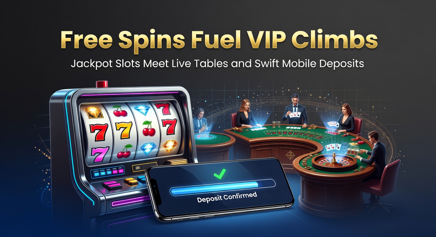 Ein dynamisches Mobile-Casino-Interface mit drehenden Jackpot-Slots, einem Live-Dealer-Tisch und einem VIP-Leiter-Symbol, das Freispiele als Treiber zeigt