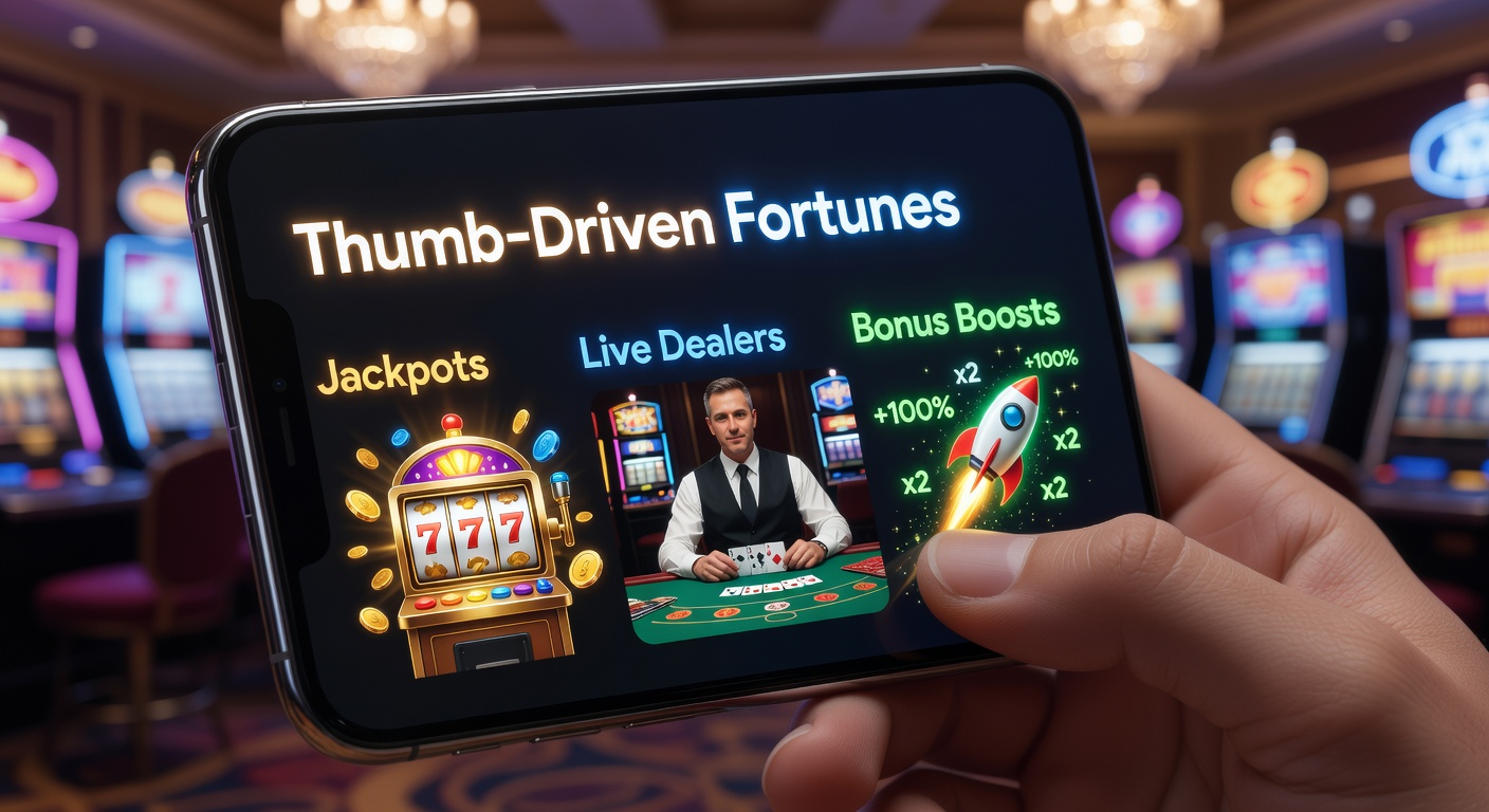 Smartphone mit leuchtendem Jackpot-Symbol und Daumen-Swipe-Geste auf einem Mobile-Casino-App-Bildschirm